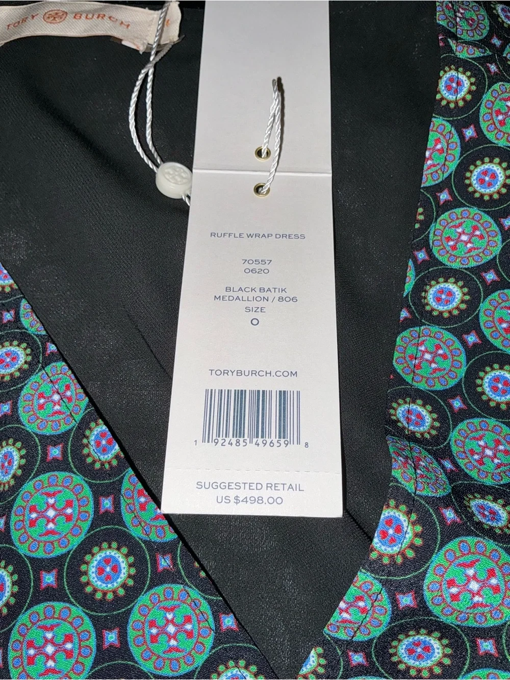 Tory Burch Ruffle Wrap Dress Black Medallion Maxi Dress with Teal Circular Print